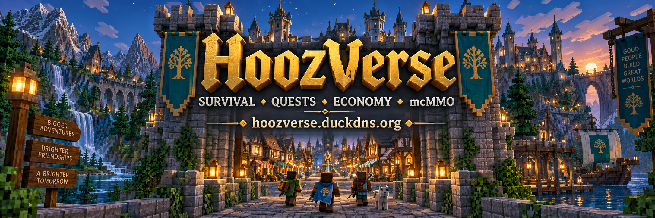 HoozVerse Minecraft castle banner: lantern-lit stone gates, green and gold heraldry, and server address hoozverse.duckdns.org